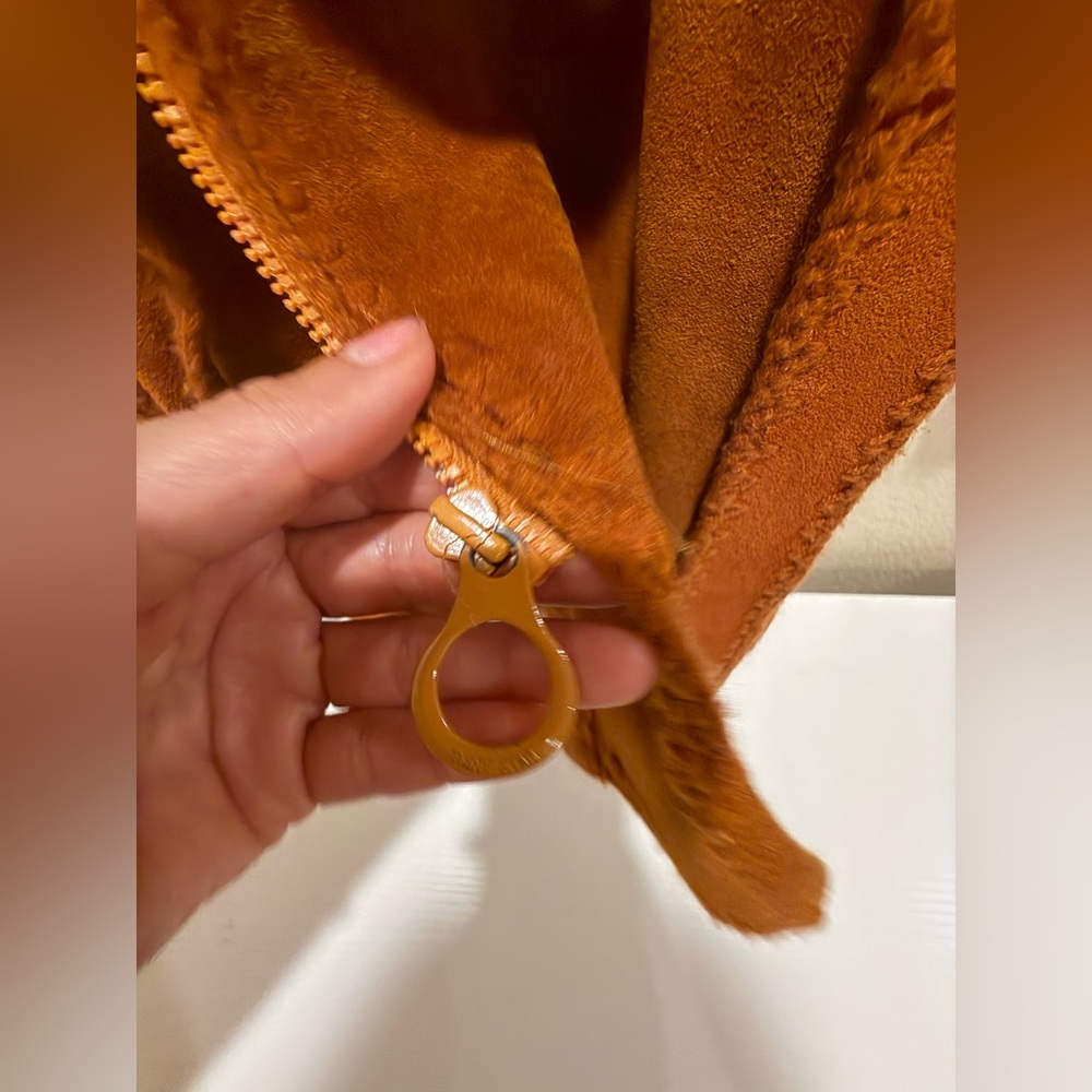 Vintage 1970s Terracotta Leather Suede Knit Crochet Hooded  Jacket Coat, Grunge - Picture 8 of 14